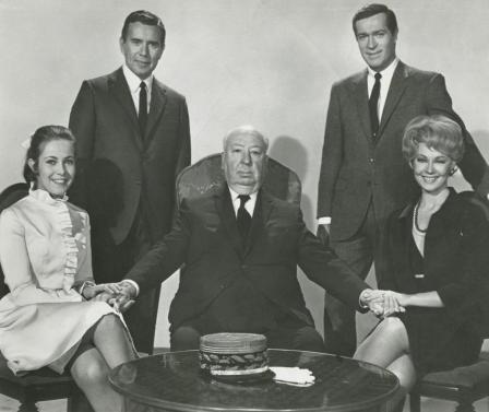 Claude Jade, John Forsythe, Alfred Hitchcock, Frederick Stafford, Dany Robin