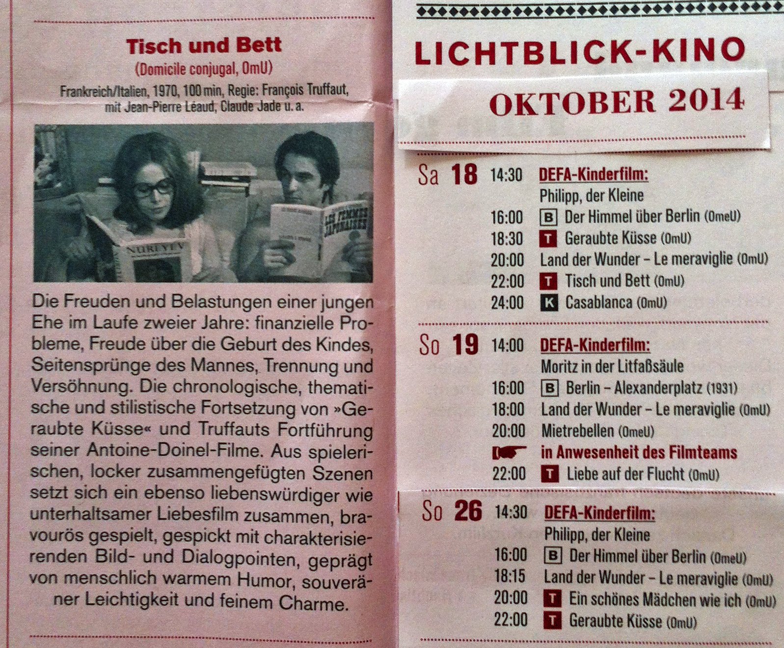 Francois Truffaut Retrospektive Werkschau Lichtblick Kino Berlin 2014 Tisch und Bett Domicile conjugal Jean-Pierre Léaud, Claude Jade