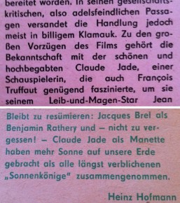 Kritik Filmkritik deutsche Filmkritiken von Renate Holland-Moritz (oben) und Heinz Hofmann; Eulenspiegel, Mein Onkel Benjamin, Claude Jade, Jacques Bre