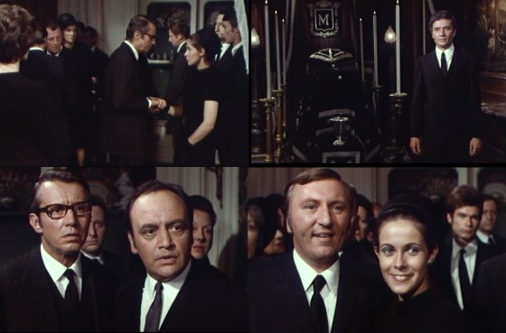 De Villefort kondoliert Linda, als "Der Rächer aus dem Sarg" aufersteht. Michel Auclair, Claude Jade, Paul Barge, Raymond Pellegrin und Paul Le Person in "Sous le signe de Monte Cristo"