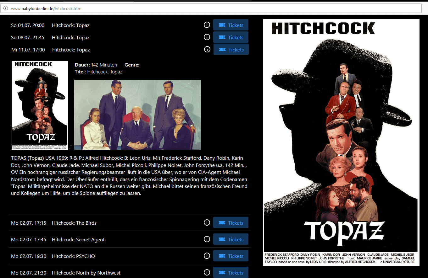 Topaz Alfred Hitchcock Director's Cut Deutschland Berlin Kino Babylon Hitchcock-Retrospektive Hitchcock-Reihe Claude Jade Rosa-Luxemburg-Platz Juli 2018 